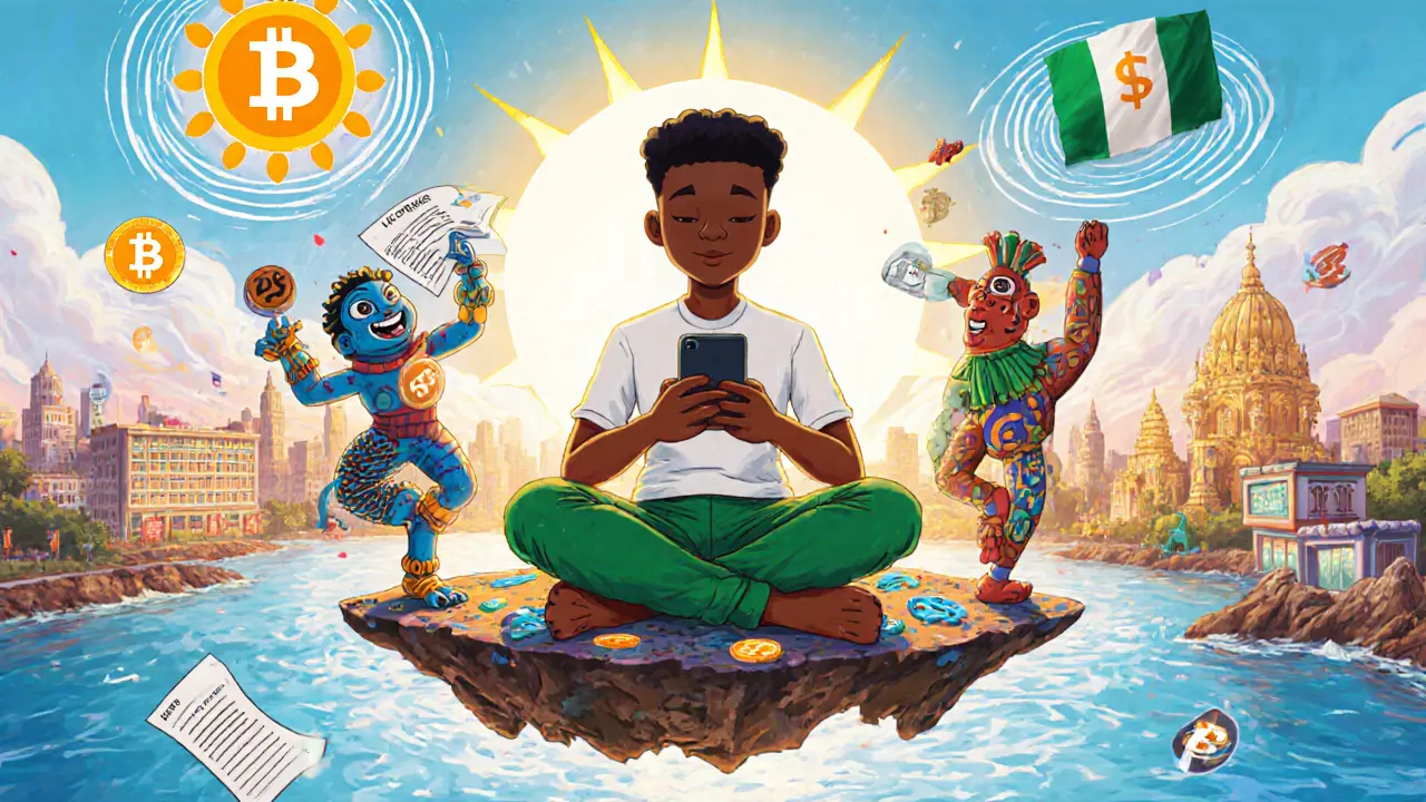 A Nigerian trader surrounded by tax and KYC spirits, with licensed exchanges glowing in the distance under a naira sun.