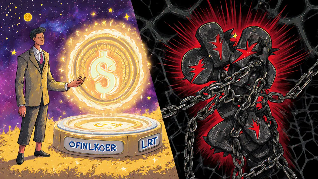 A person receiving a glowing LRT token on one side, while tangled in dark AVS chains on the other, split by vibrant and ominous backgrounds.