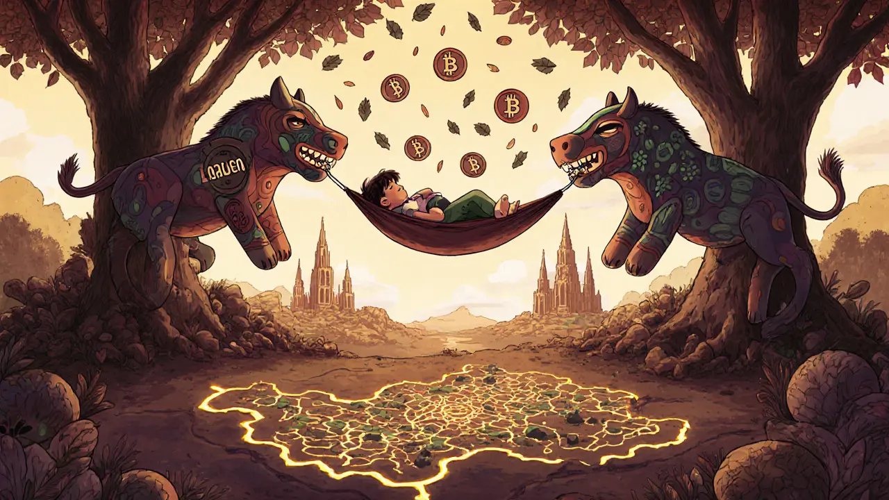 A person sleeping in a hammock under a canopy of SEAM tokens on the Base blockchain.