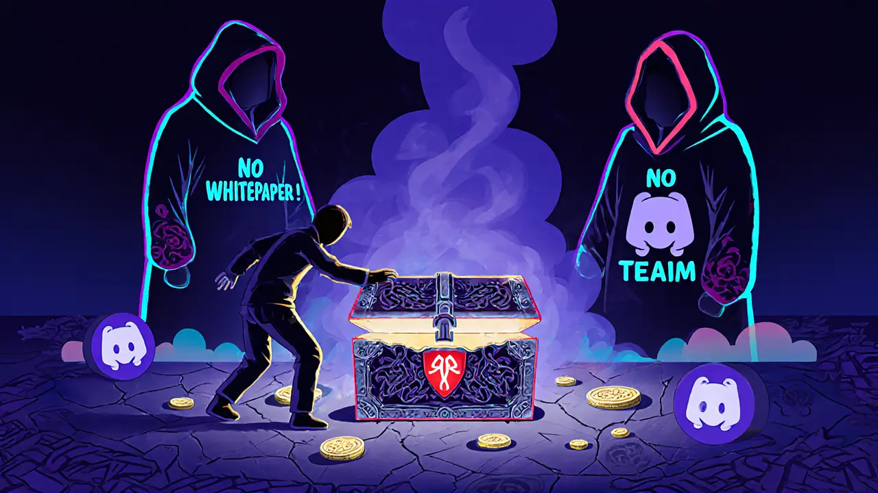 A player reaches for a hollow NFT chest as shadowy figures labeled 'No Whitepaper' vanish into smoke, surrounded by empty token coins and Discord icons.