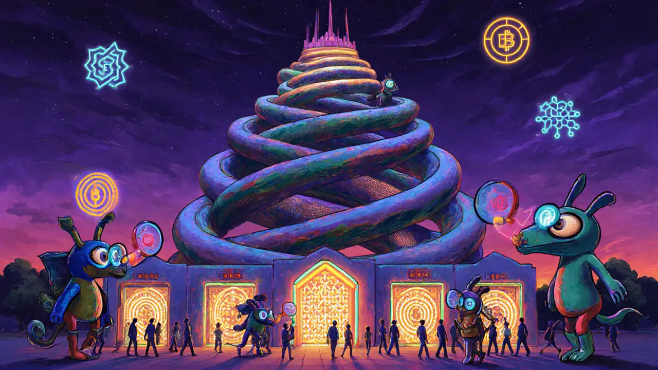 A recursive blockchain temple with debugging developers, surrounded by glowing constraints and alebrije-inspired cryptologic motifs.