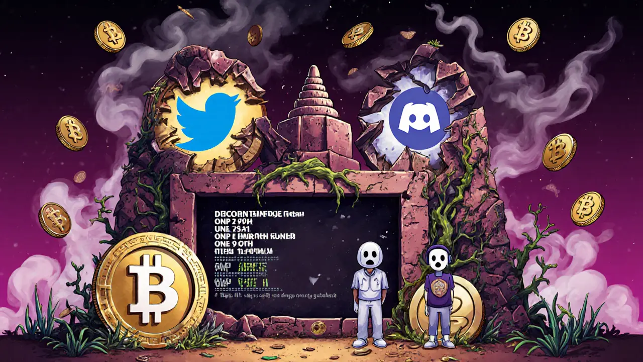 A ruined digital temple with dead token symbols and ghostly crypto users staring at <h2>How to Spot a Fake FarmHero Airdrop</h2> prices.