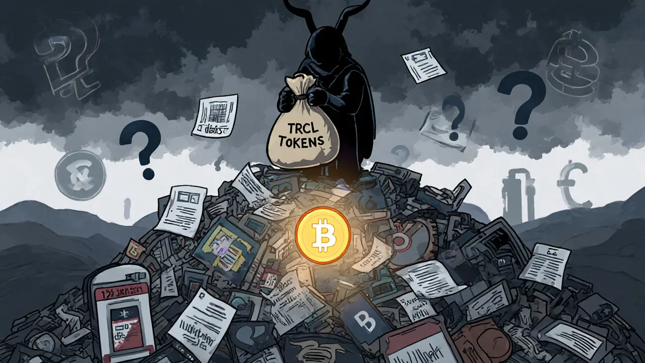 A shadowy figure holds TRCL tokens atop a pile of empty wallets, while a bright MOBI token shines beside real charging stations in the distance.