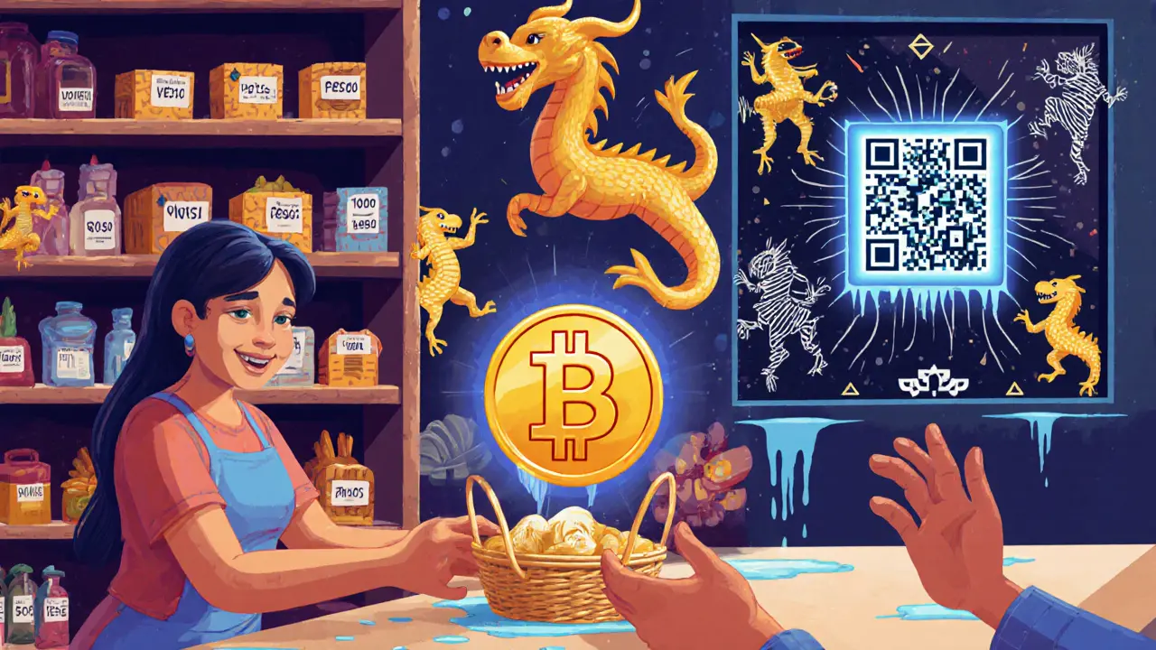 A shopkeeper trades goods for a Bitcoin-shaped alebrije dragon while peso bills melt behind her.