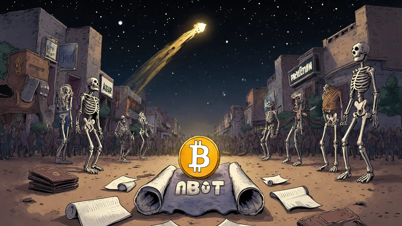 A single NBOT token on an altar, while rival platforms thrive in the distance under a fading comet.