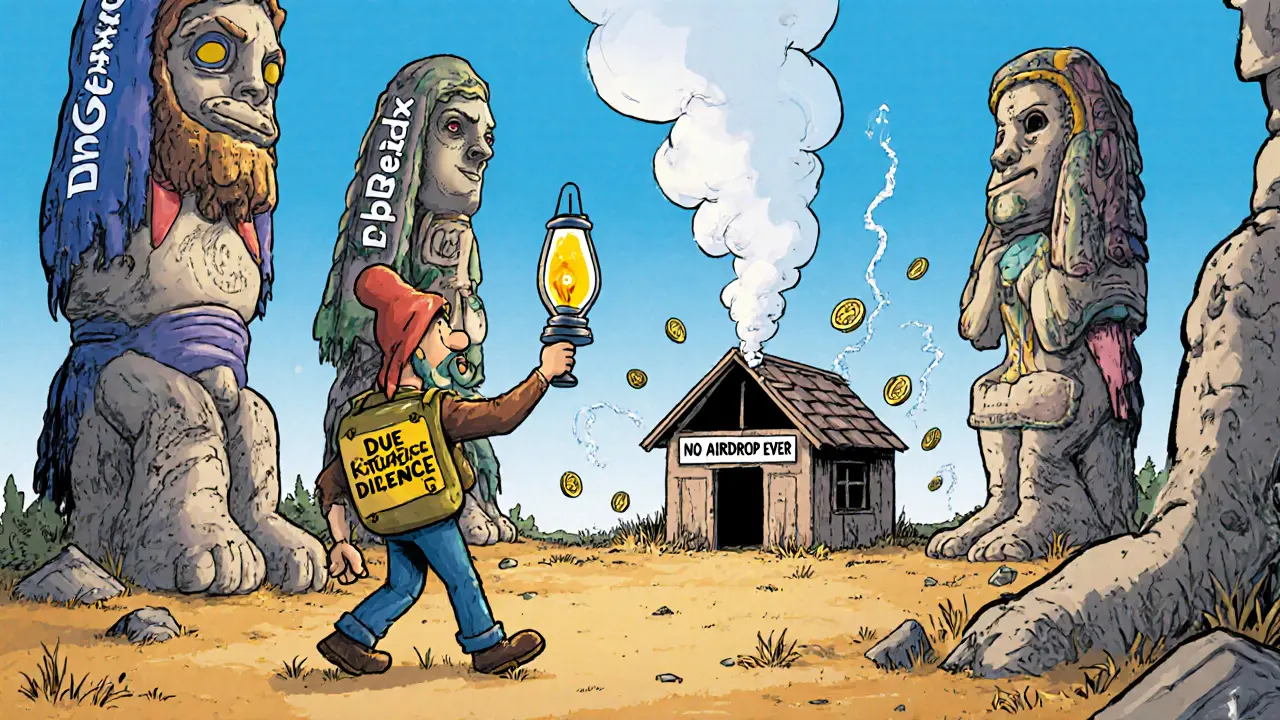 A traveler passes abandoned crypto projects, with Trodl&#039;s empty shack in the distance.