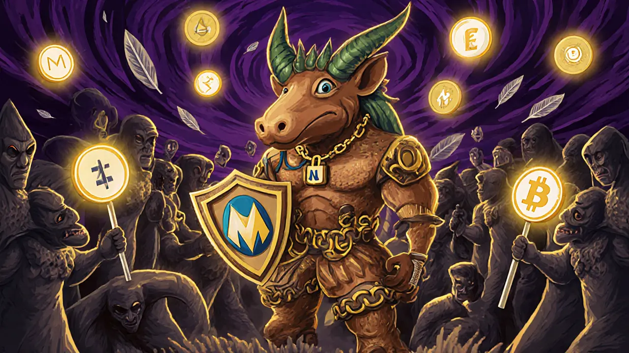 A wallet guardian spirit fighting scam figures with fake token contracts under legitimate airdrop lights.