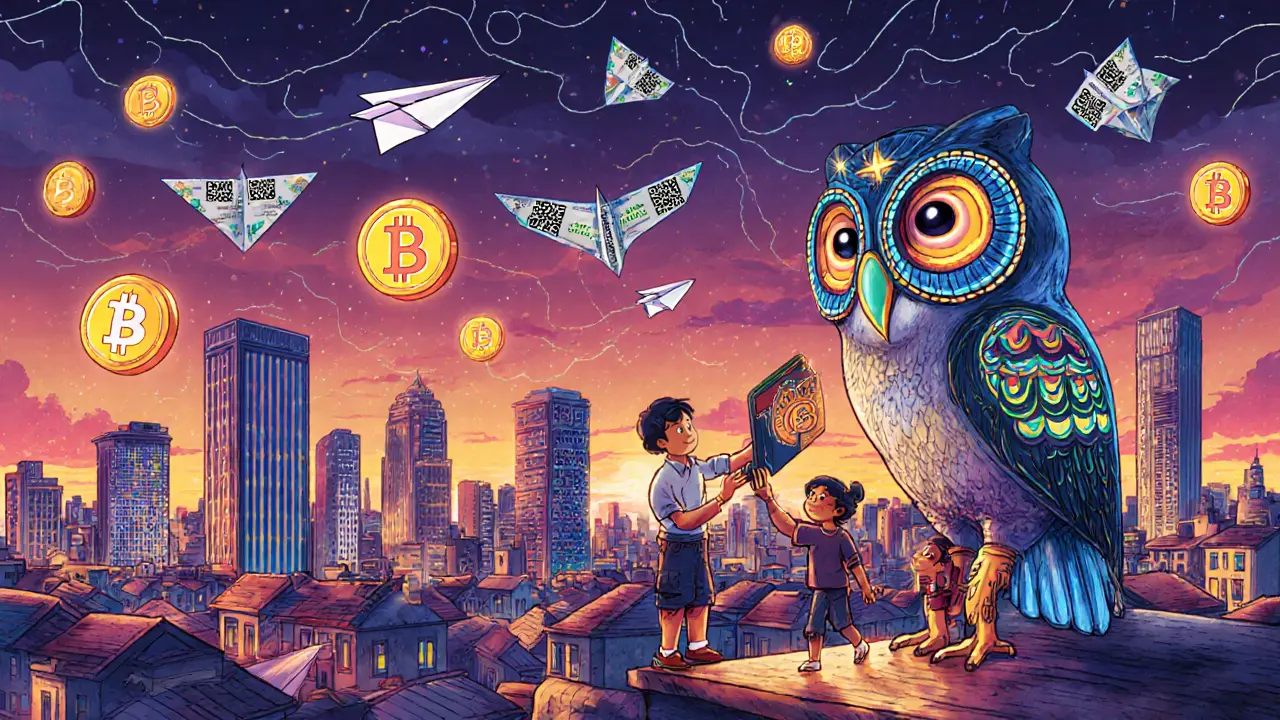 Buenos Aires rooftops covered in glowing crypto tokens, with a family handing a wallet to a wise alebrije guardian.