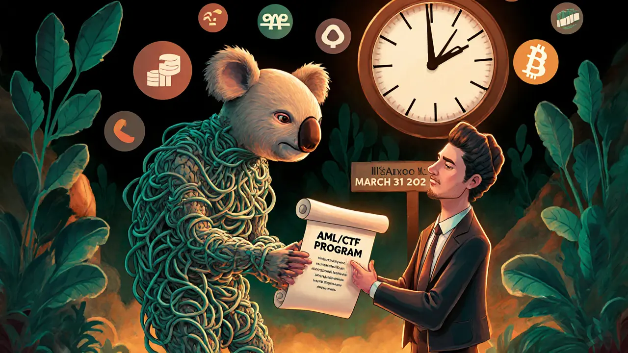 Business owner handing AML documents to a koala-judge spirit with a March 2026 clock in the background