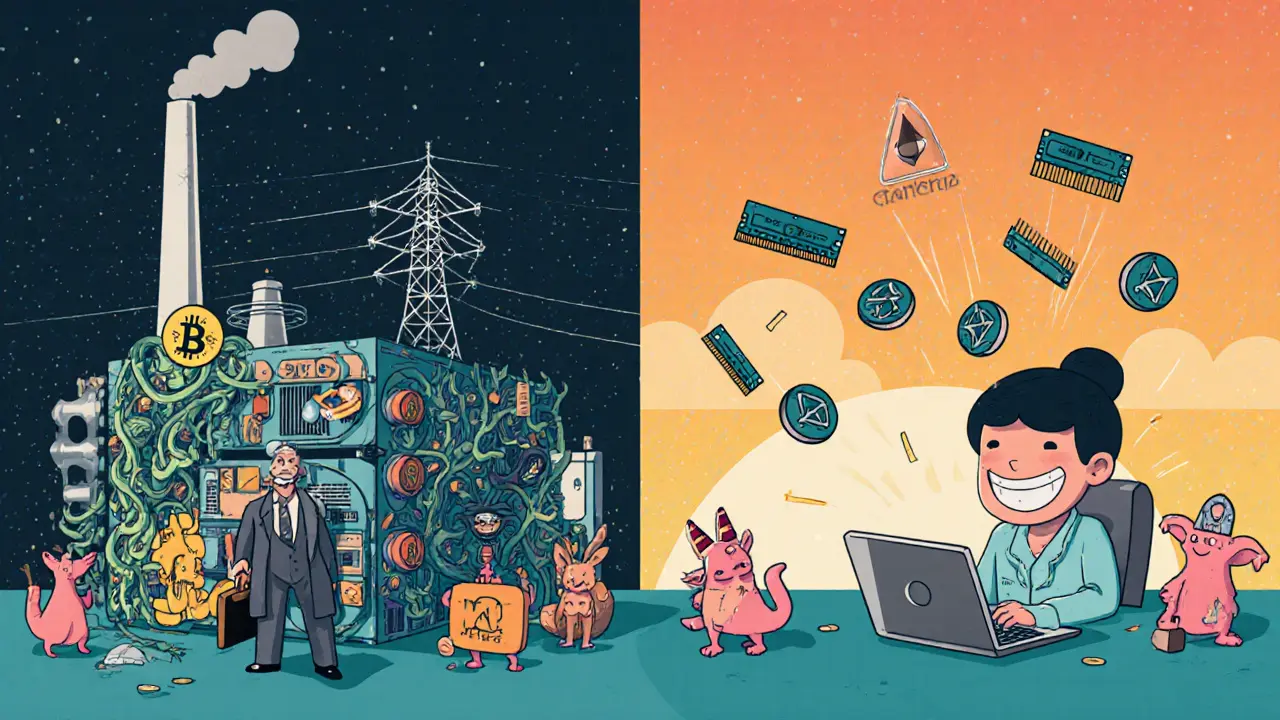 Contrasting home altcoin mining with a giant corporate Bitcoin ASIC farm, illustrated in whimsical Alebrije style with glowing coins and friendly creatures.