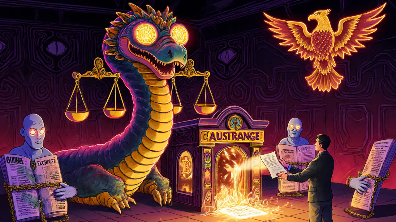 Courtroom scene with a serpent sentencing a crypto exchange as a phoenix rises from ashes
