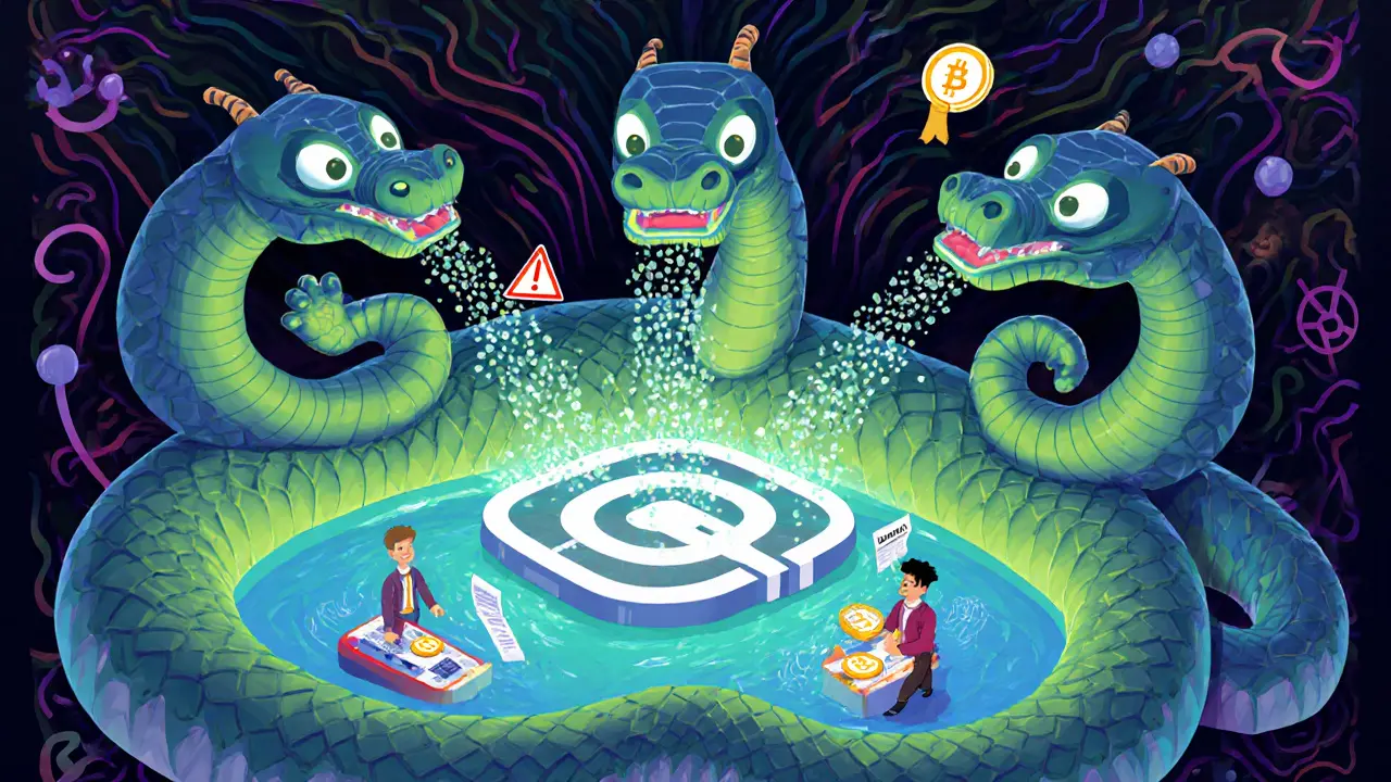 Multi-headed serpent blockchain creature breathing transactions into a QuickSwap liquidity hub.