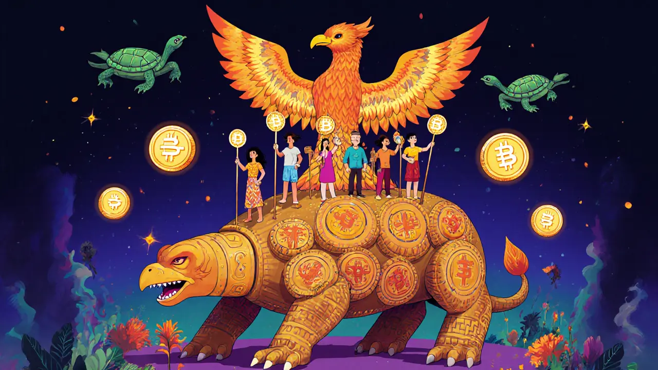 People holding SEAM staffs atop a vault-phoenix creature with glowing esSEAM orbs.