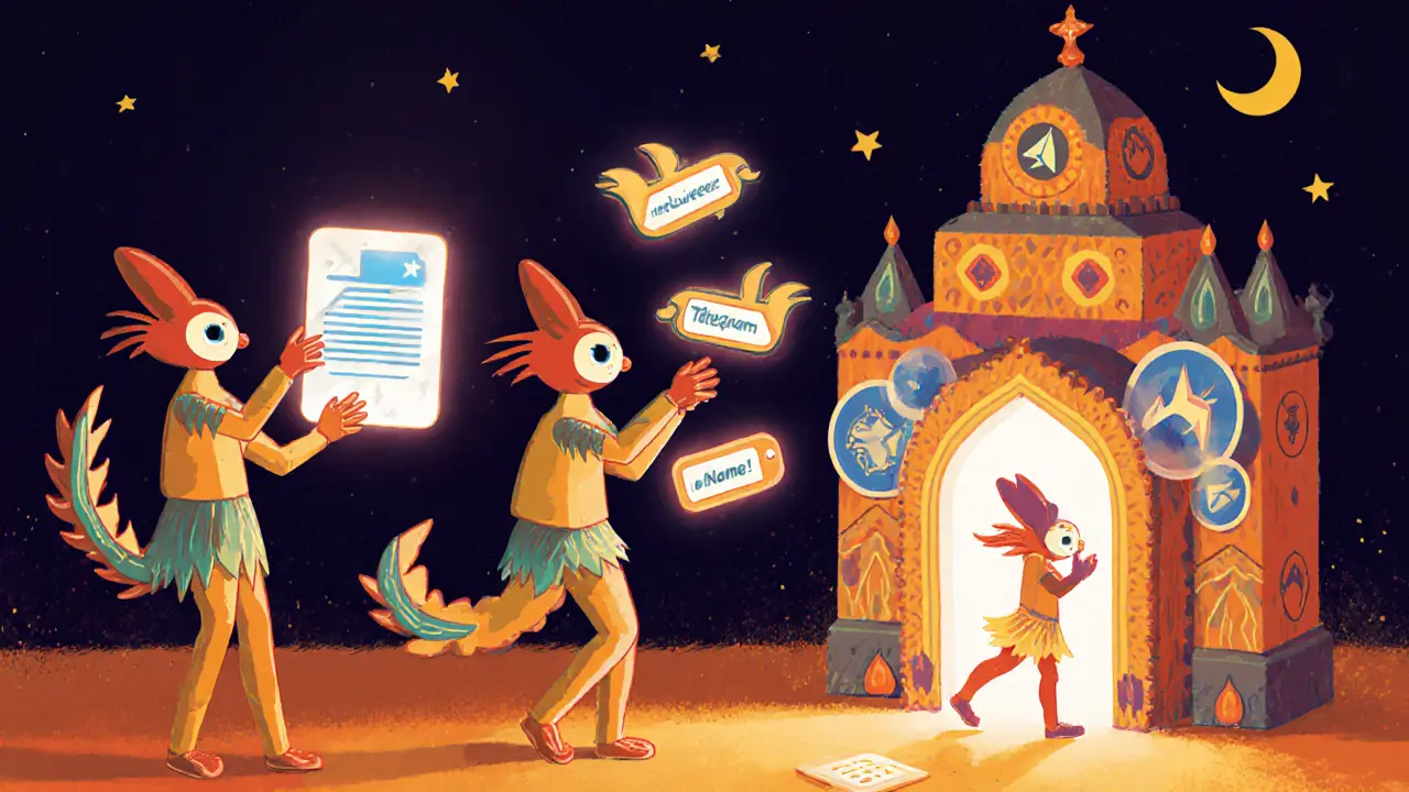 Three fantastical figures performing social tasks: retweeting, tagging friends, and entering a Telegram portal to a BSC wallet temple.