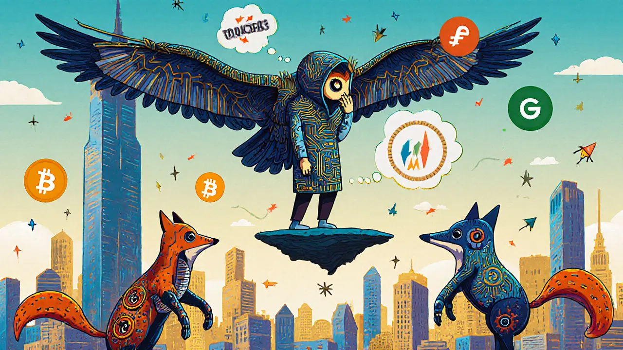 Trader on a floating platform with AI owl and liquidity bots adjusting price ranges.