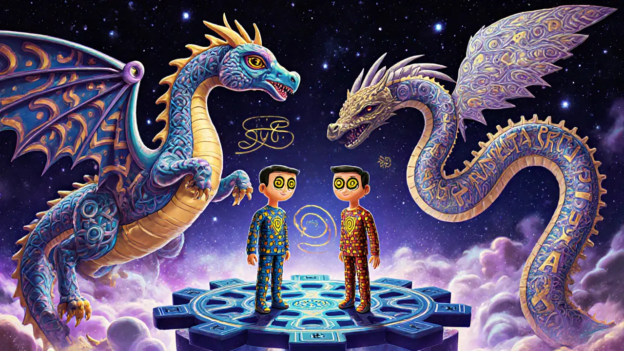 Two figures connected by polynomial chains, facing off as zk-SNARK and zk-STARK mythical creatures in vibrant alebrije style.