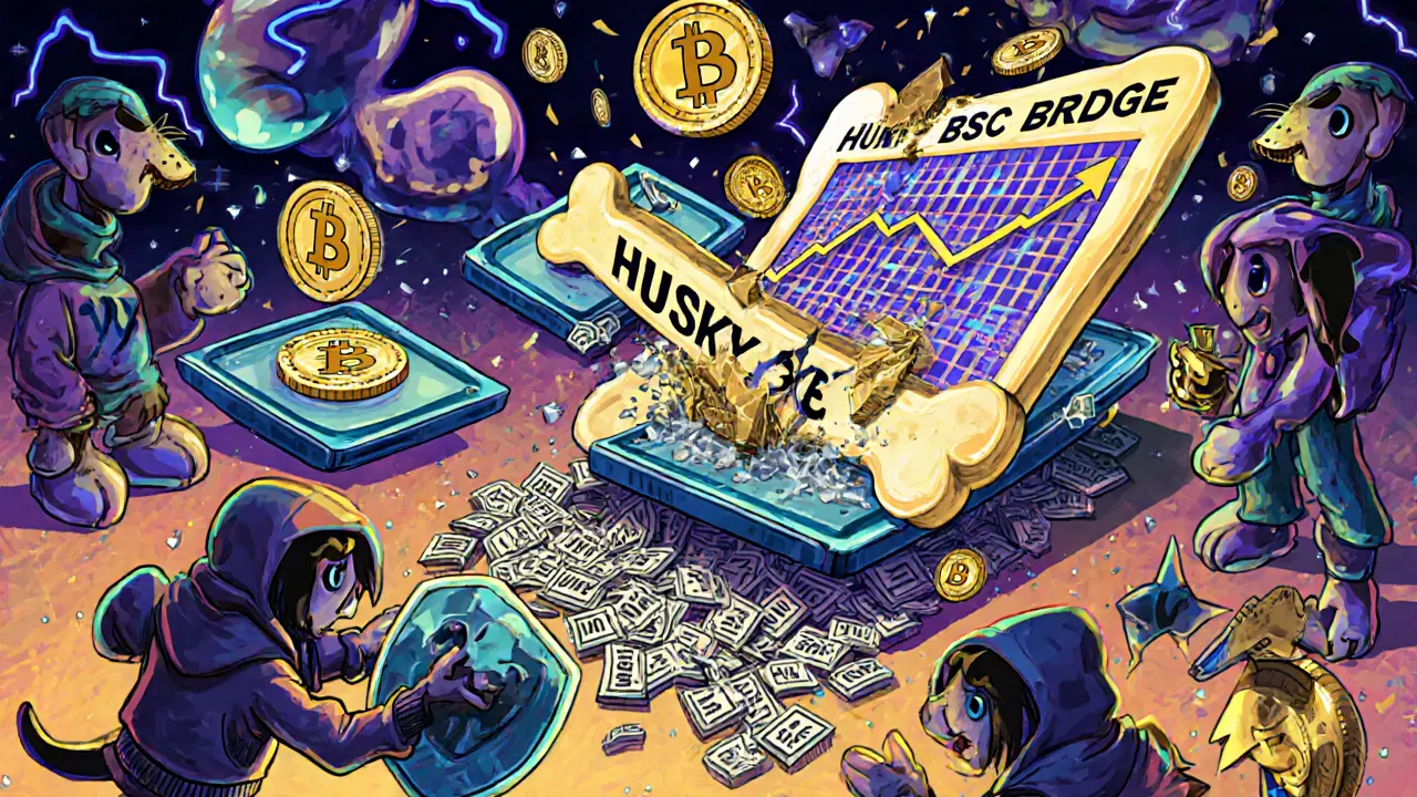 Whimsical creatures trading HUSKY tokens on a chaotic crypto floor with a broken bridge and crashing chart.