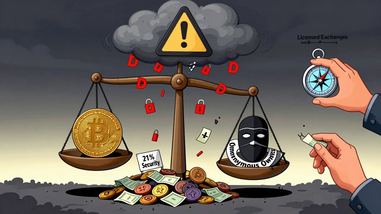 A broken scale crushing security with fan tokens and anonymous owners, pointing to safer exchanges.