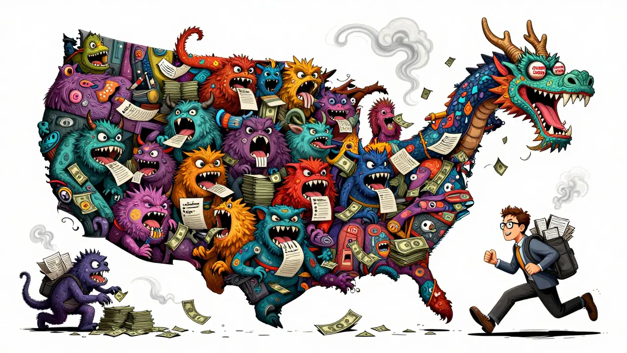 A chaotic U.S. map of snarling state monsters devouring cash, chasing a weary entrepreneur from a bank dragon.