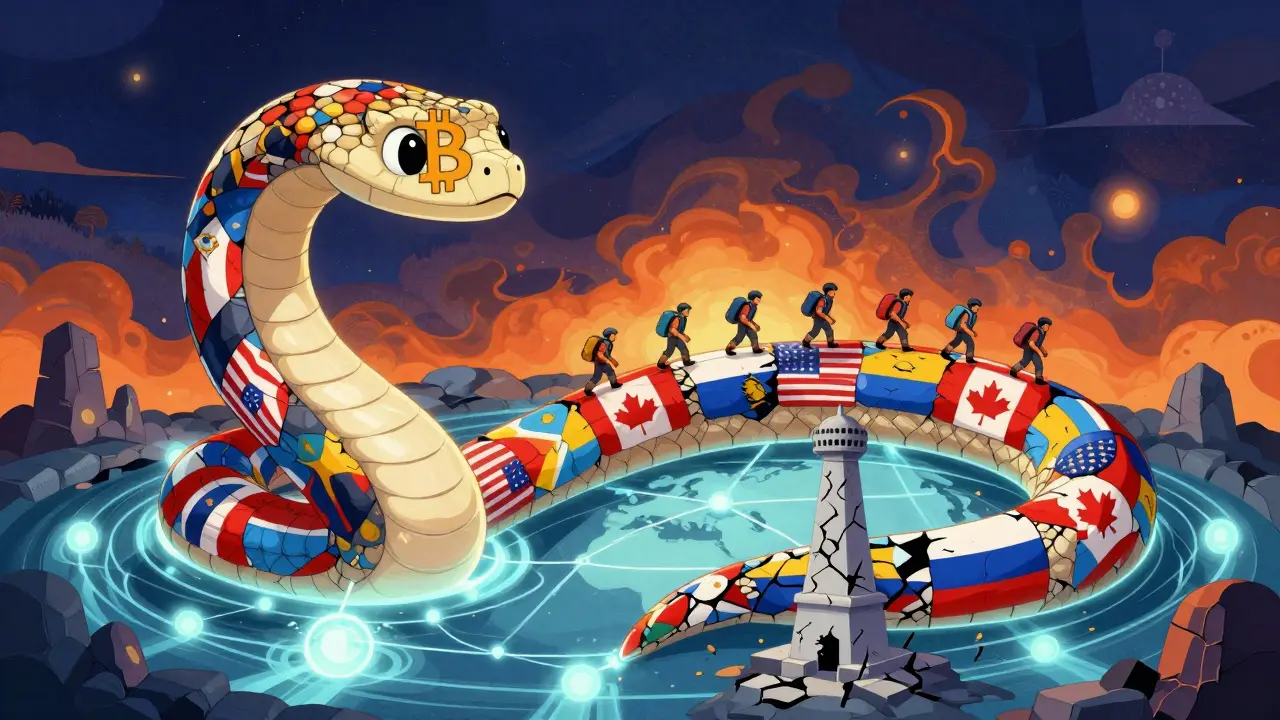 A colossal serpent with national flag scales wraps a global energy network, guiding miners away from collapsing Kazakh infrastructure.