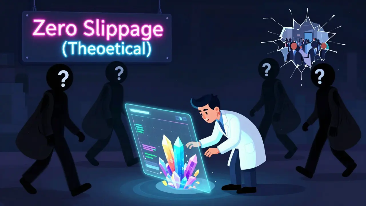 A developer surrounded by crystal price shards as liquidity providers walk away empty-handed.