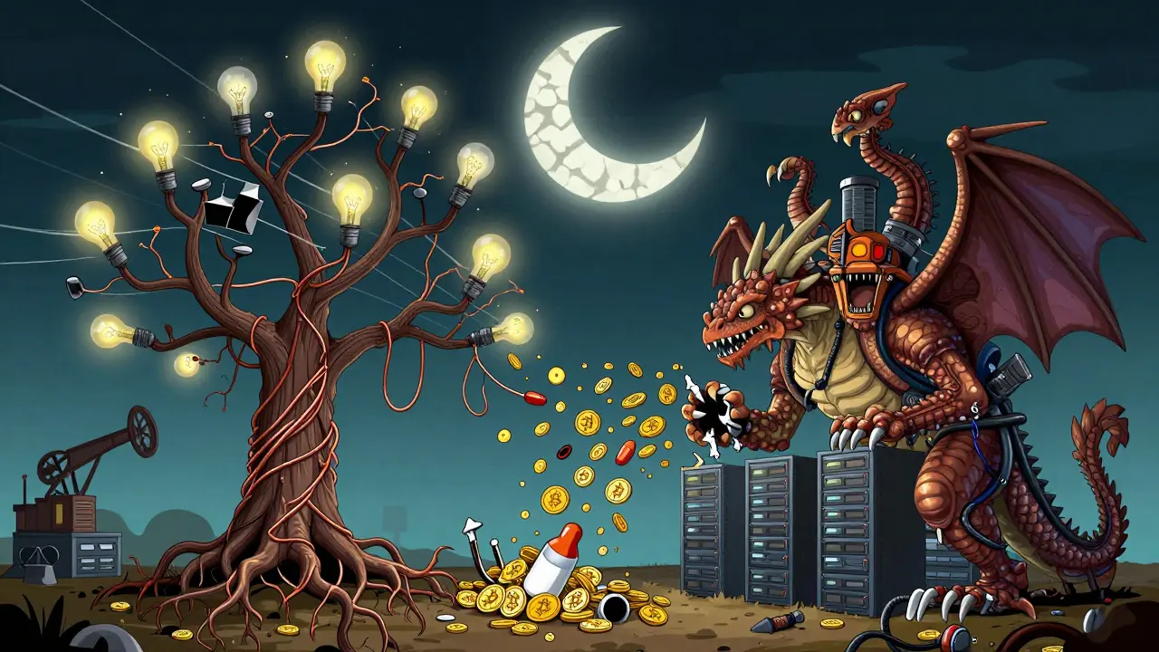 A dying power grid tree feeds a server-dragon that turns electricity into imported goods under a blockchain moon.