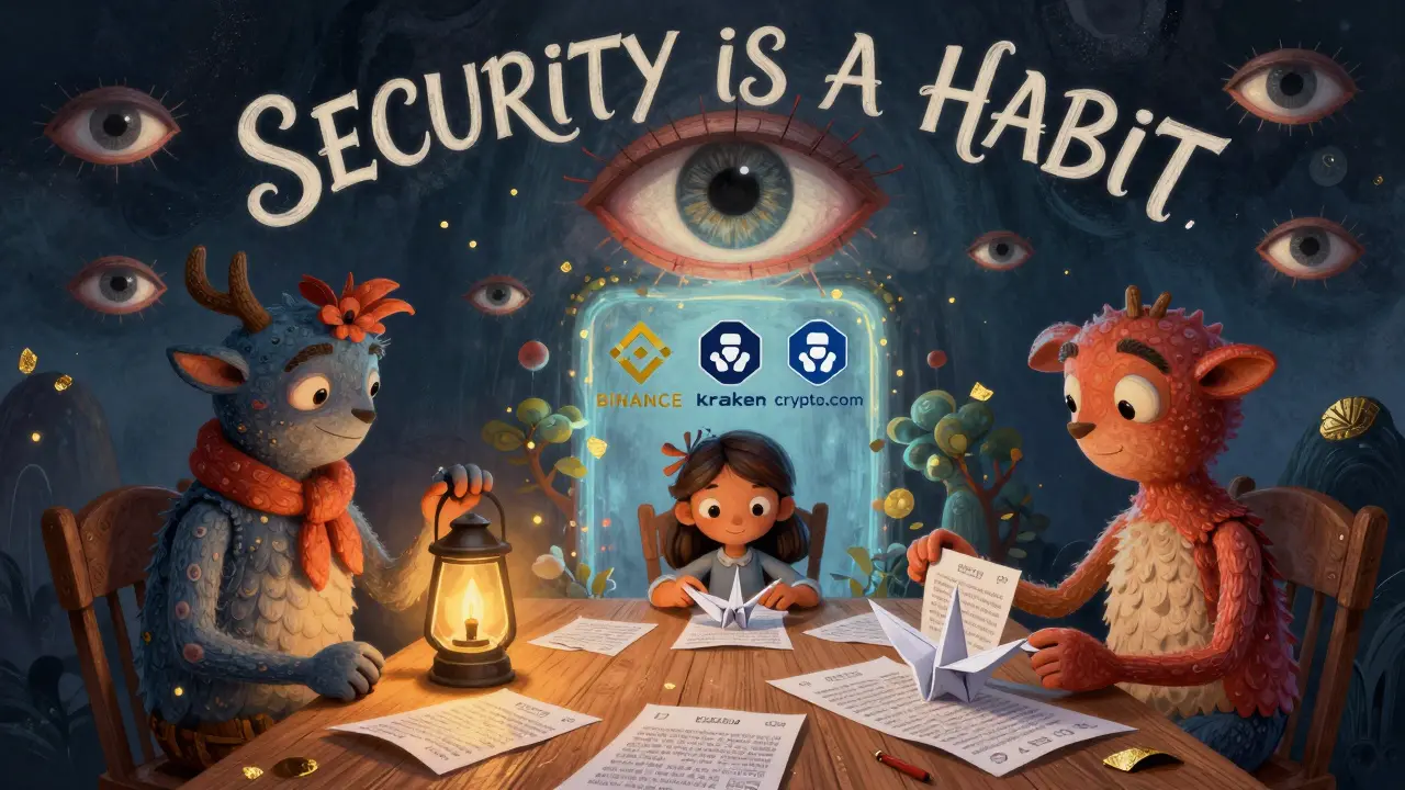 A family folds paper recovery codes under glowing exchange logos, guarded by a watchful eye in alebrije style.