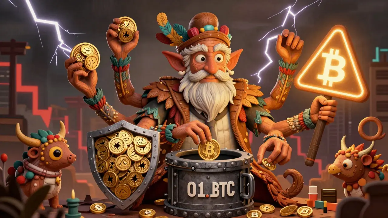 A four-armed trader spirit manages both margin types, with protective shields and a single isolated vault, amid a stormy crypto market.