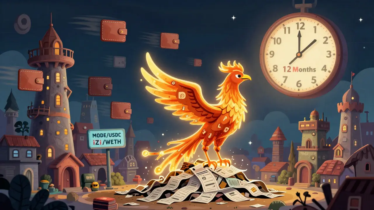 A ghost town of abandoned crypto tokens with a glowing phoenix rising from fee receipts.