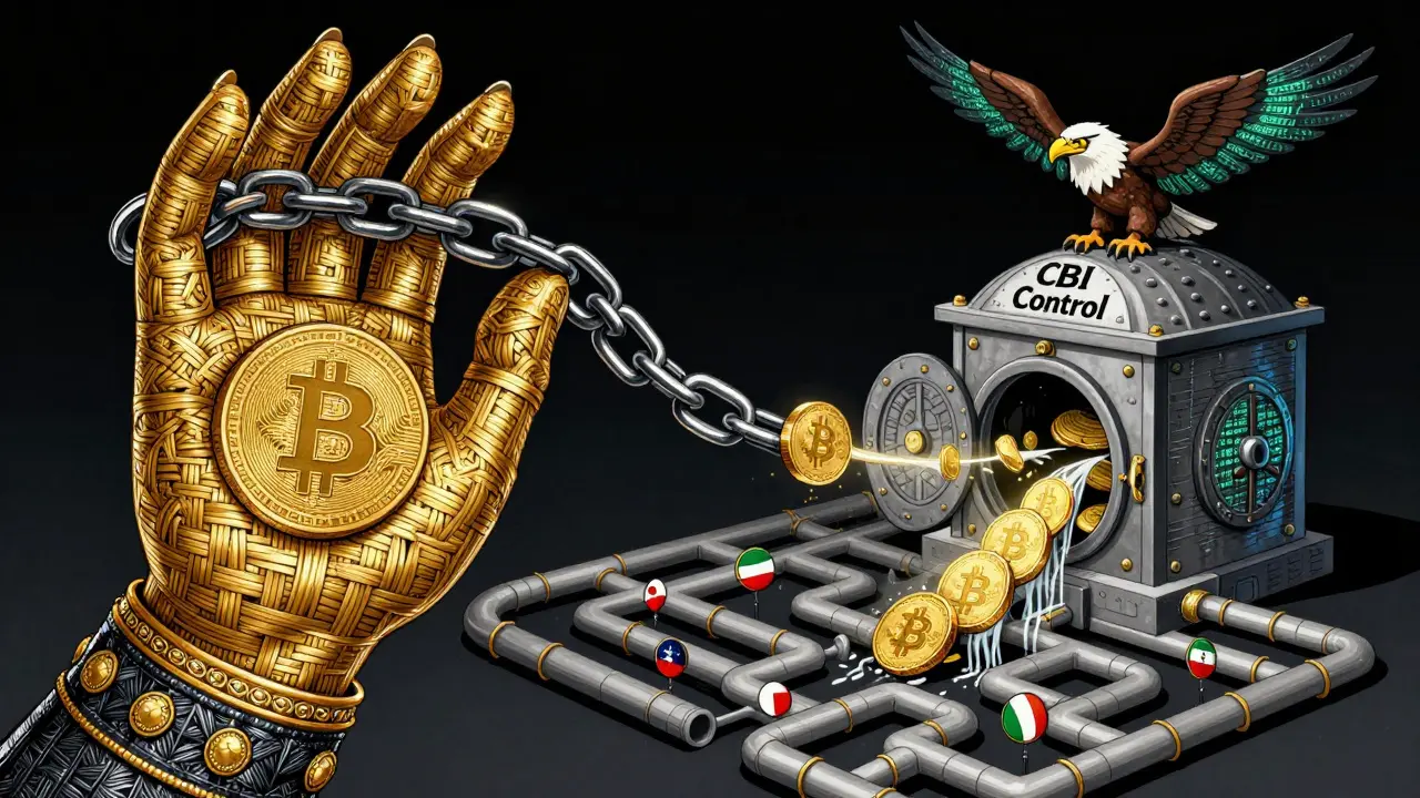 A giant Iranian government hand channels Bitcoin through a blockchain chain to foreign suppliers, guarded by an encrypted eagle.