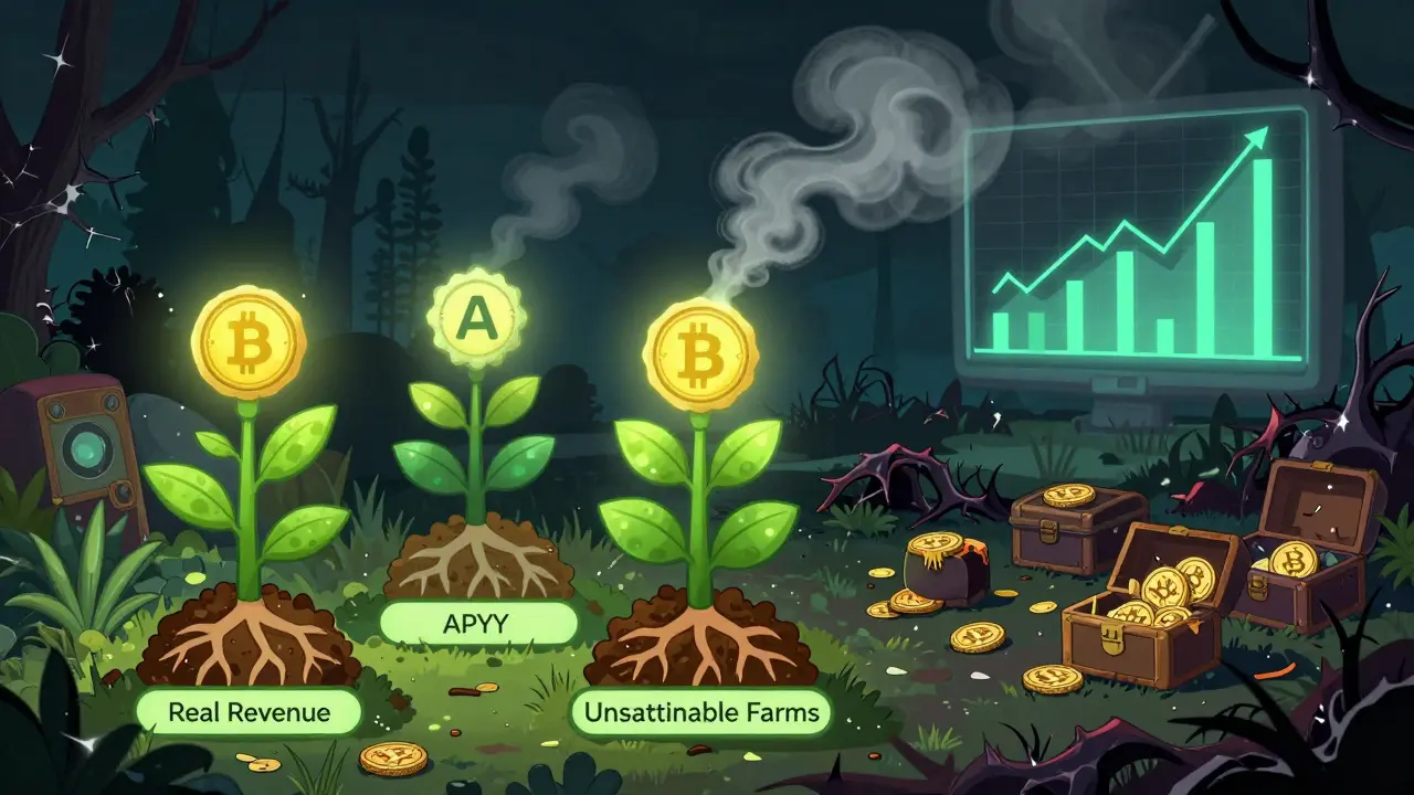 A glowing crypto garden with roots in real revenue, contrasted with a dead wasteland of collapsed farms and wilted tokens.