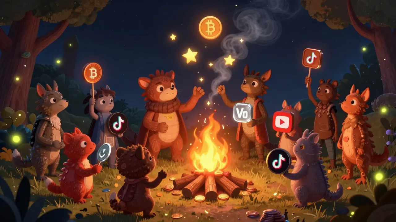 A group of Alebrije creatures around a campfire of burning PLAY tokens, upgrading NFTs as deflationary smoke rises under a starry crypto sky.