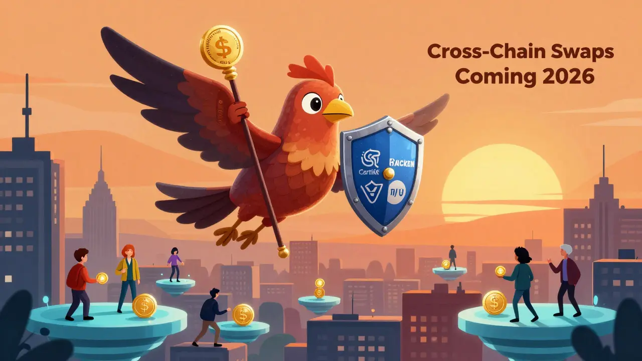 A heroic $TINY creature soaring over a city of smart contracts, symbolizing DeFi governance and secure trading on Algorand.