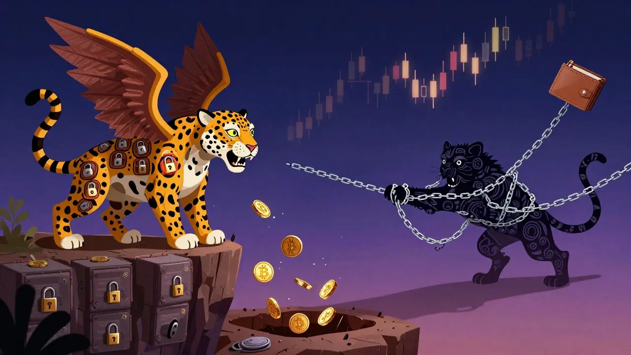 A jaguar with Bitcoin eyes stands on a cliff as a memecoin falls into a liquidation pit, surrounded by isolated and cross-margin symbols.