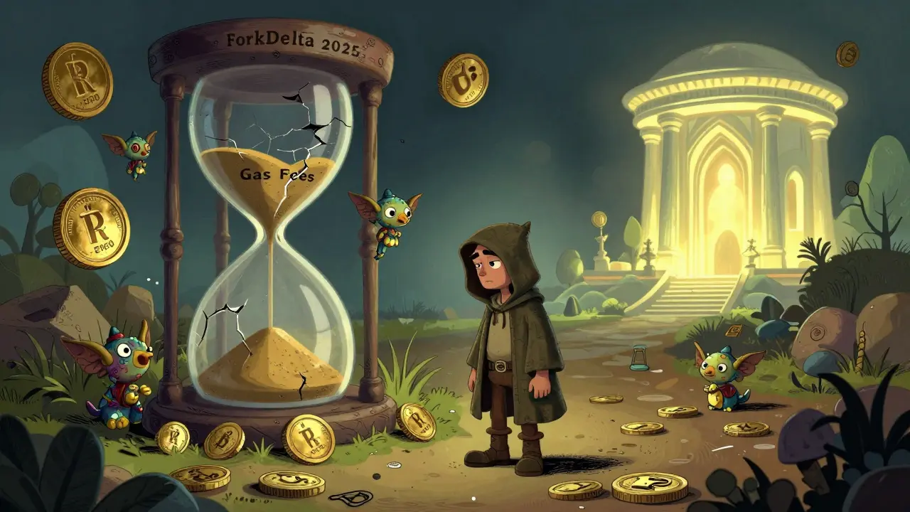 A lone traveler facing a flickering ForkDelta terminal, surrounded by forgotten ERC-20 tokens as alebrije creatures, with a glowing Uniswap temple in the distance.