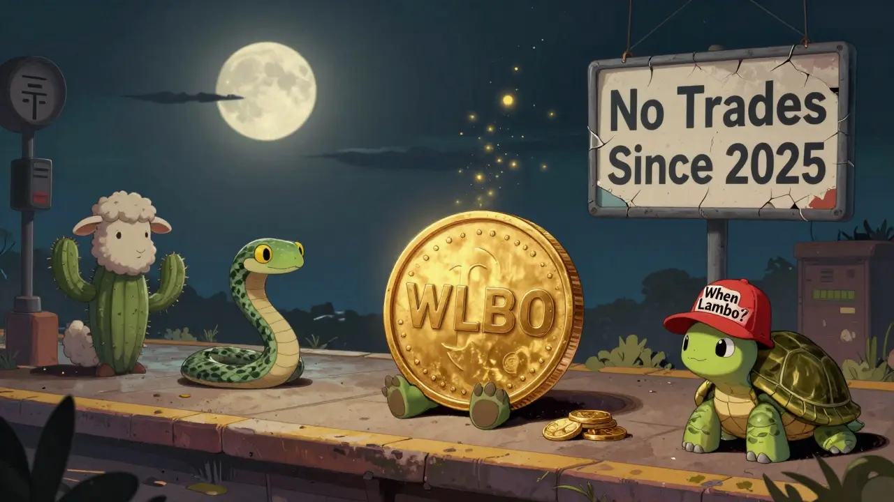 A lone WLBO token on a silent exchange, surrounded by frozen meme creatures under a moonlit sky with no trading activity.