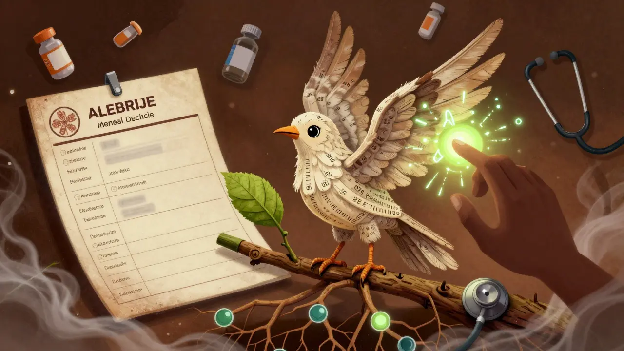 A medical record bird protected by blockchain roots, resisting tampering with glowing protective symbols.