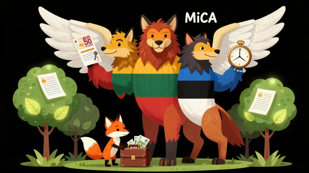 A multi-headed MiCA beast with European license wings, towering over a small fox handing over euros.