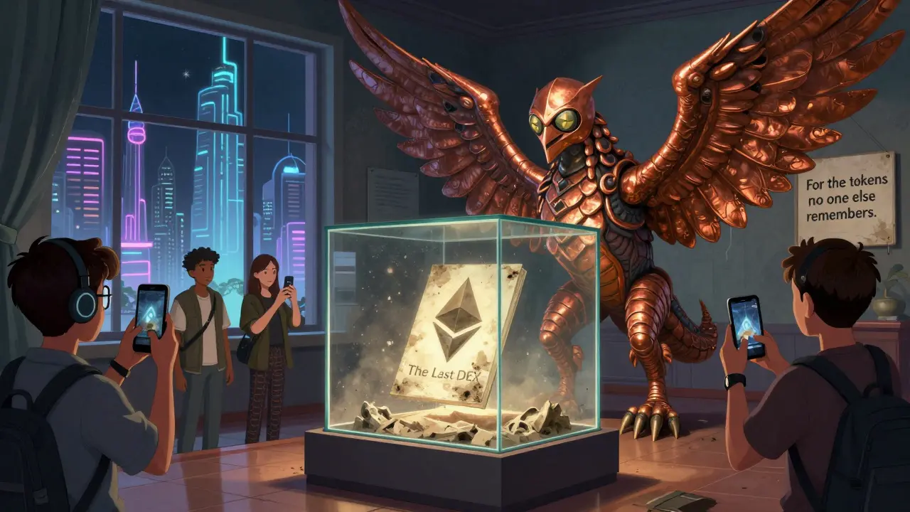 A museum display of an ancient smart contract guarded by a majestic alebrije, while modern visitors ignore it, surrounded by a futuristic DeFi city.