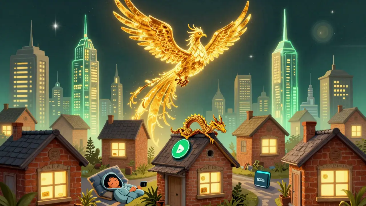 A peaceful investor sleeps as rent flows into a dragon-shaped wallet, with blockchain towers rising in the city.