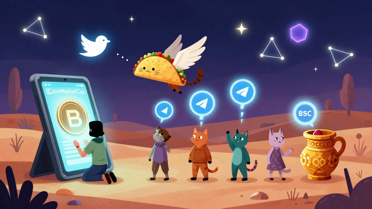 A person performs six magical steps to join the TCT airdrop, guided by a winged taco-cat in a dreamlike desert.