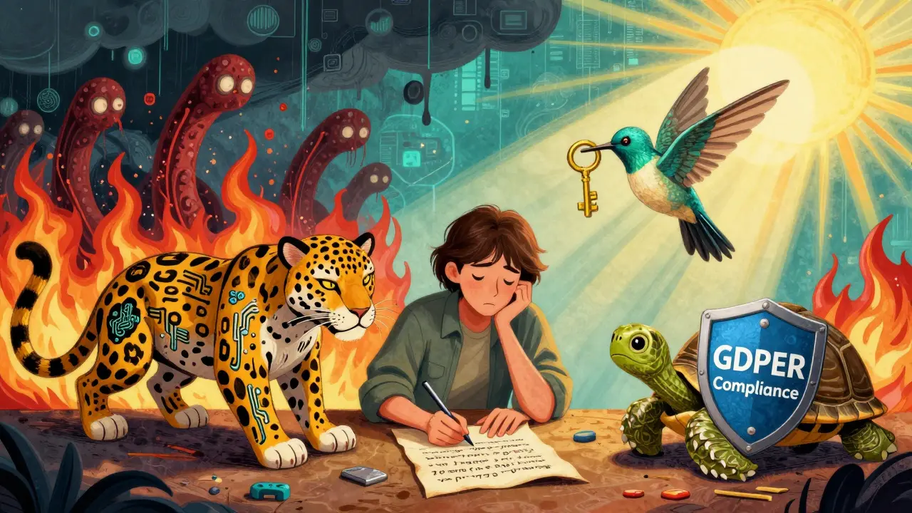 A person writing a recovery phrase guarded by tech-inspired spirit animals, with hacking storms crashing against a cryptographic wall.