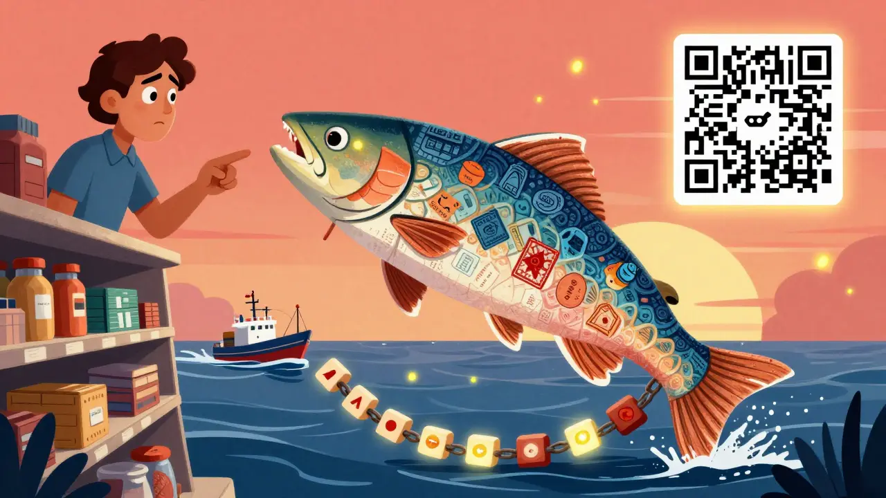 A salmon-themed alebrije showing supply chain steps as its scales, with blockchain links glowing along its body.