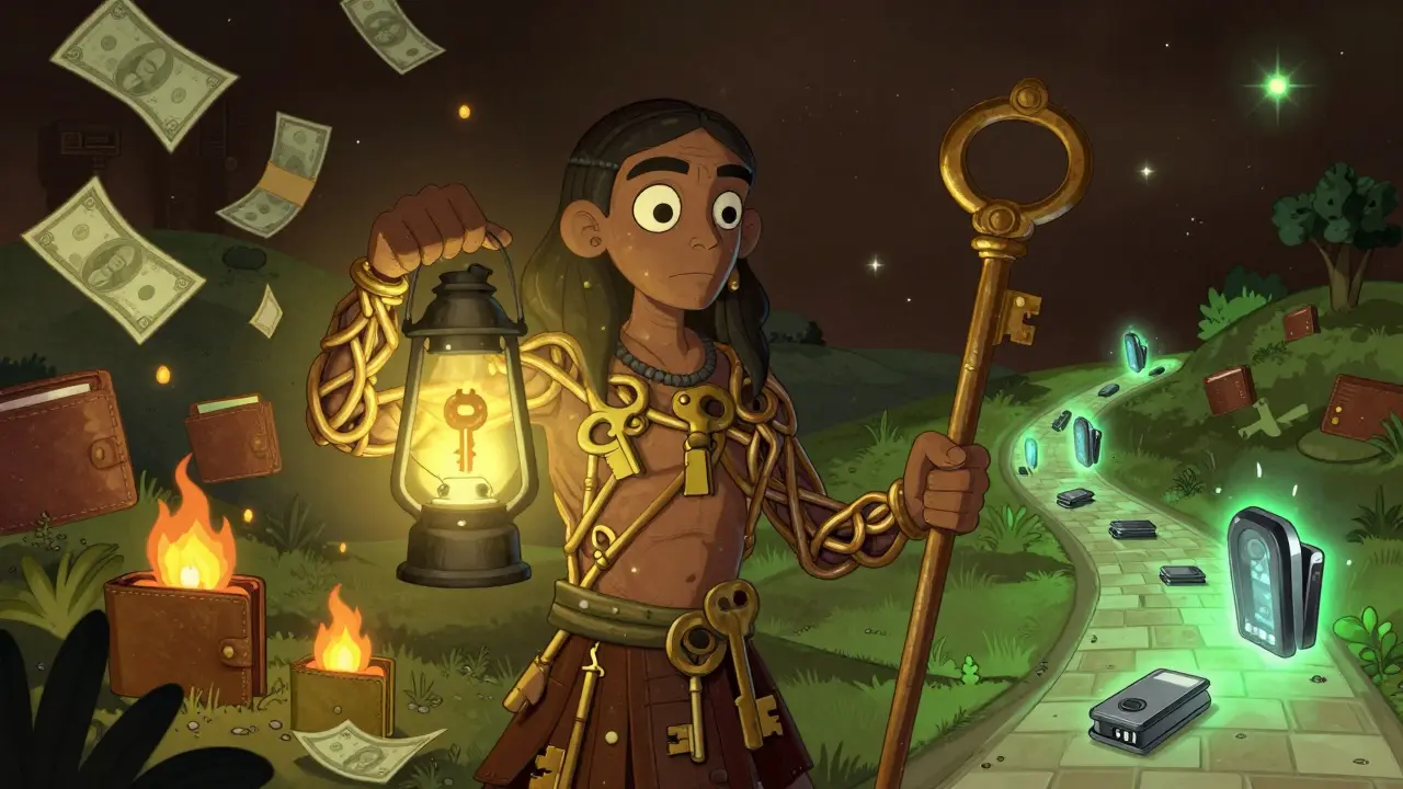 A self-custody figure holding public and private keys, standing before a path of secure hardware wallets under stars.