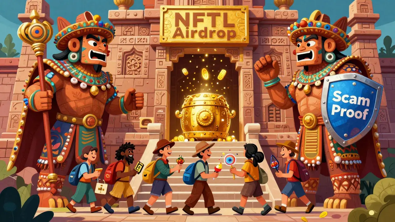 A temple guarded by alebrije beings with adventurers ascending toward an NFTL airdrop vault.