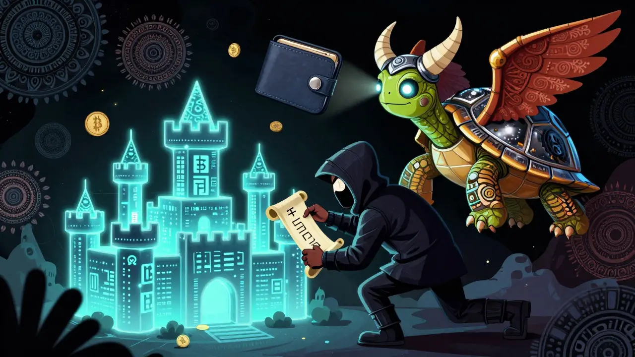 A thief stealing a recovery phrase as a protective hardware wallet spirit watches over a lost wallet in darkness.