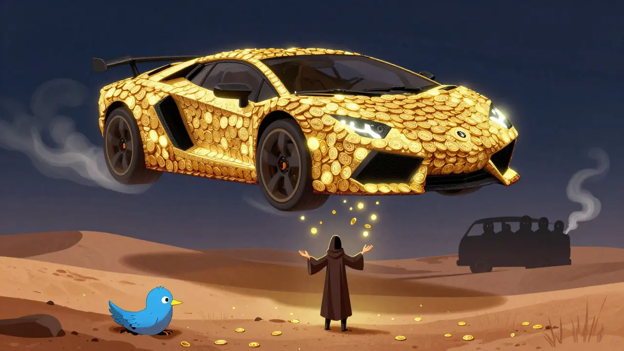 A token-shaped Lamborghini hovers above a desert as a holder receives golden rewards, while a shadowy team disappears into smoke.