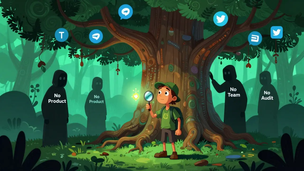 A traveler with a token and magnifying glass facing a dead tree of social media icons and shadowy figures.