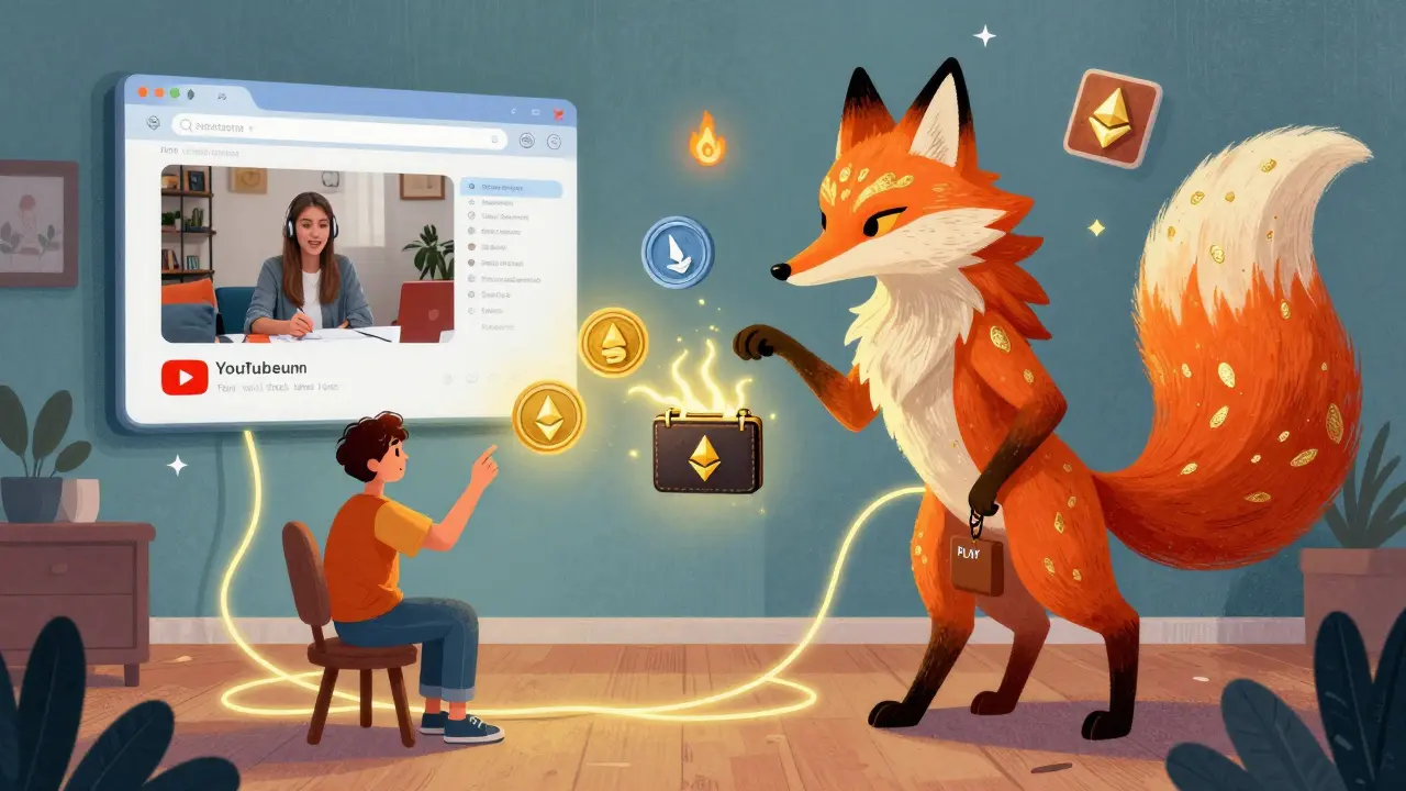 A user connected to a fox-headed spirit that channels PLAY tokens from YouTube into a wallet, surrounded by NFT upgrades and gas fee flames.