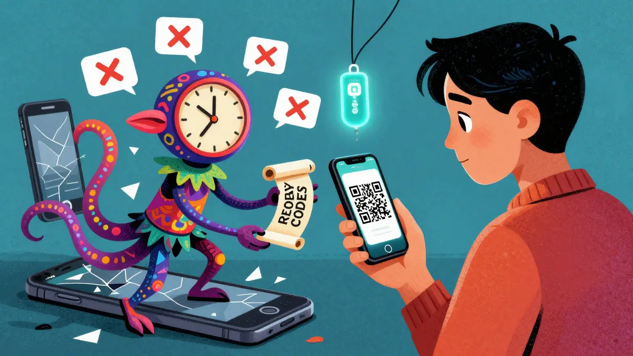 A user scans a QR code as a clock-headed alebrije spirit hands them recovery codes, with SMS warnings in the background.